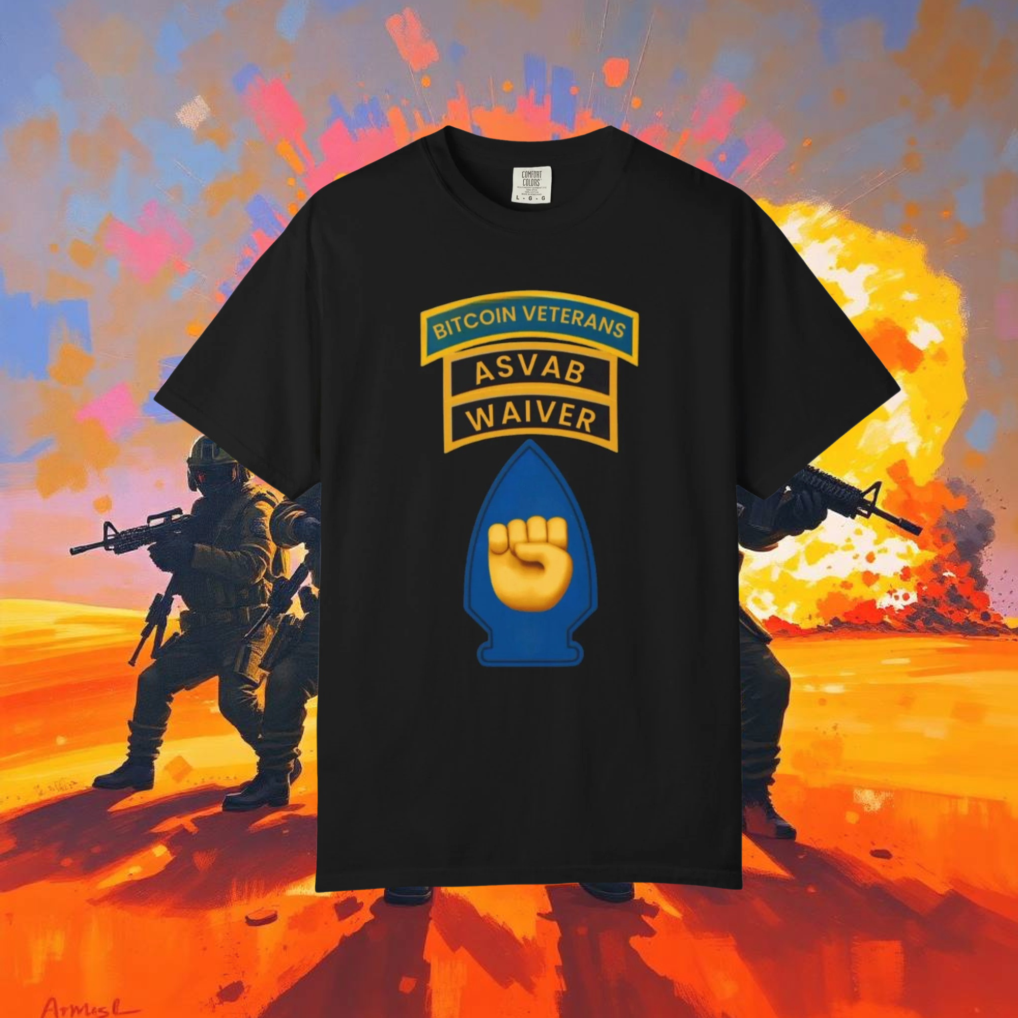 Black t-shirt with graphic design featuring soldiers and text on a colorful abstract background