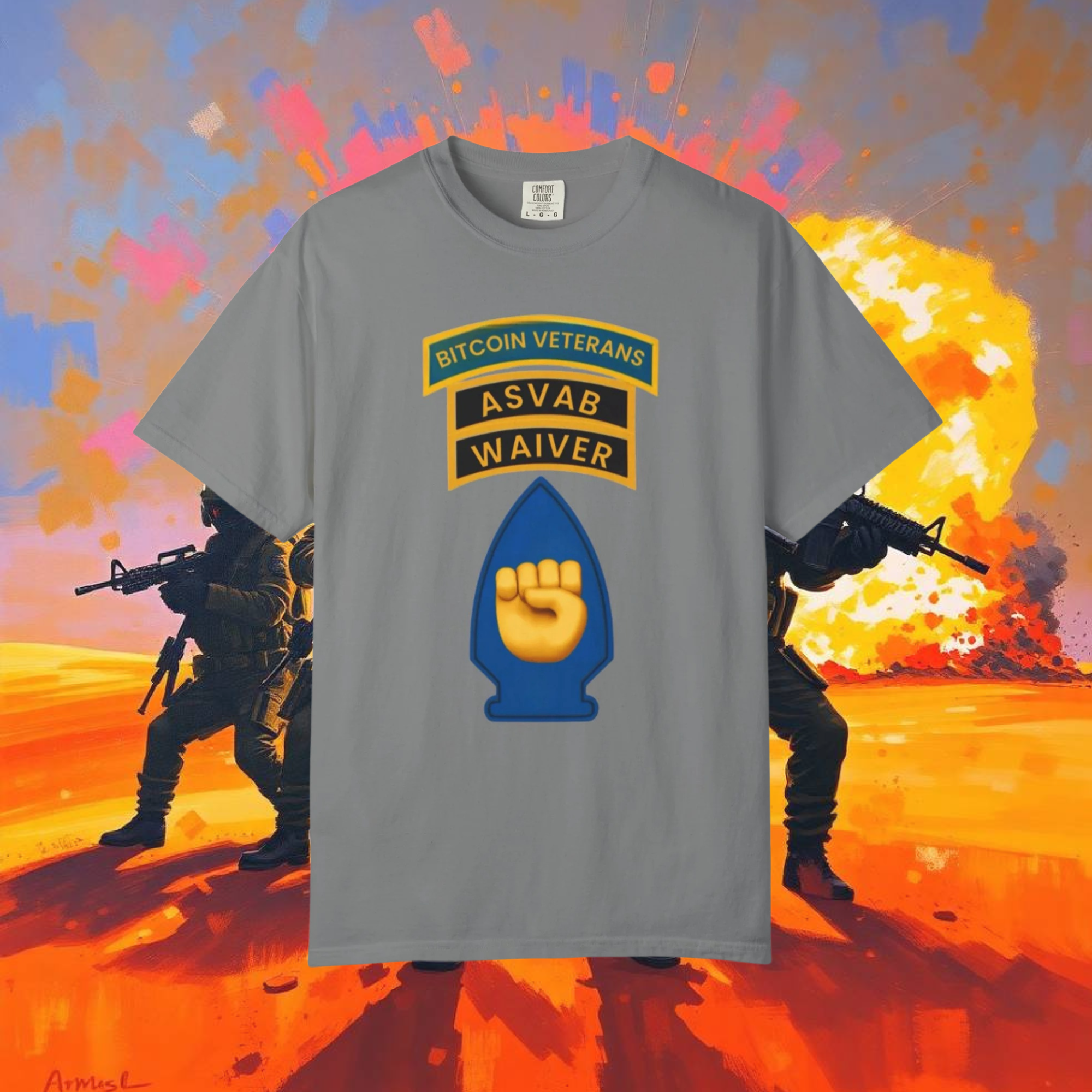 Gray t-shirt with graphic design featuring soldiers and text on a colorful background