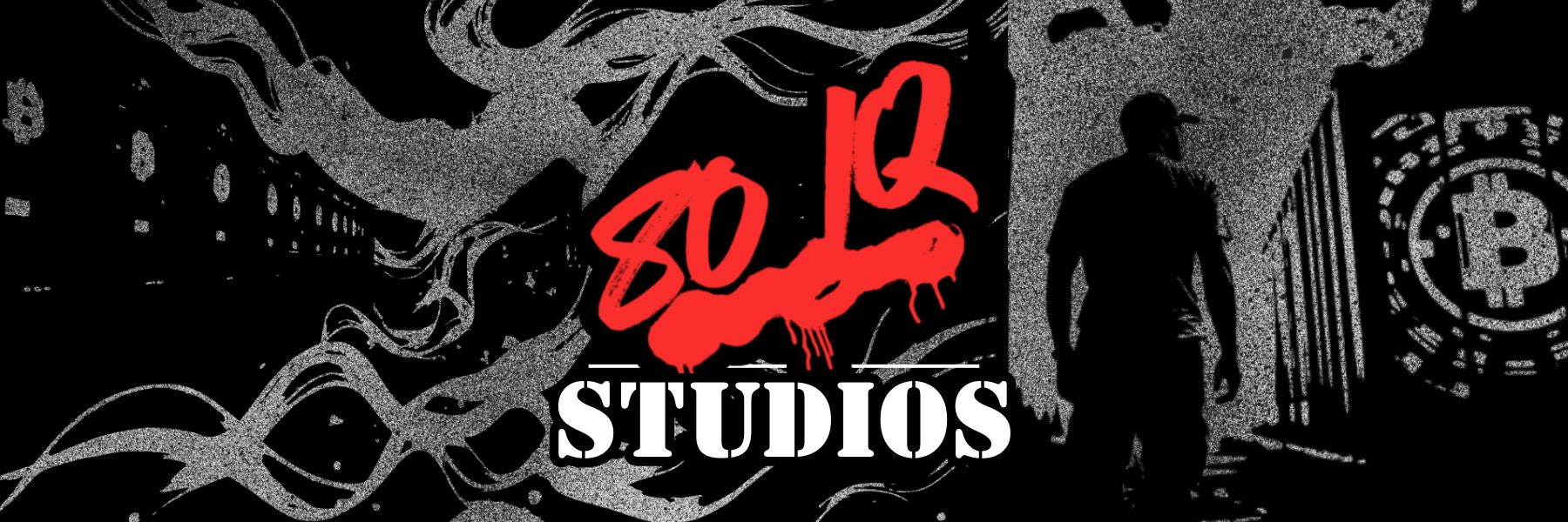 Stylized logo with '80iq Studios' and a silhouette of a person walking on a street at night.