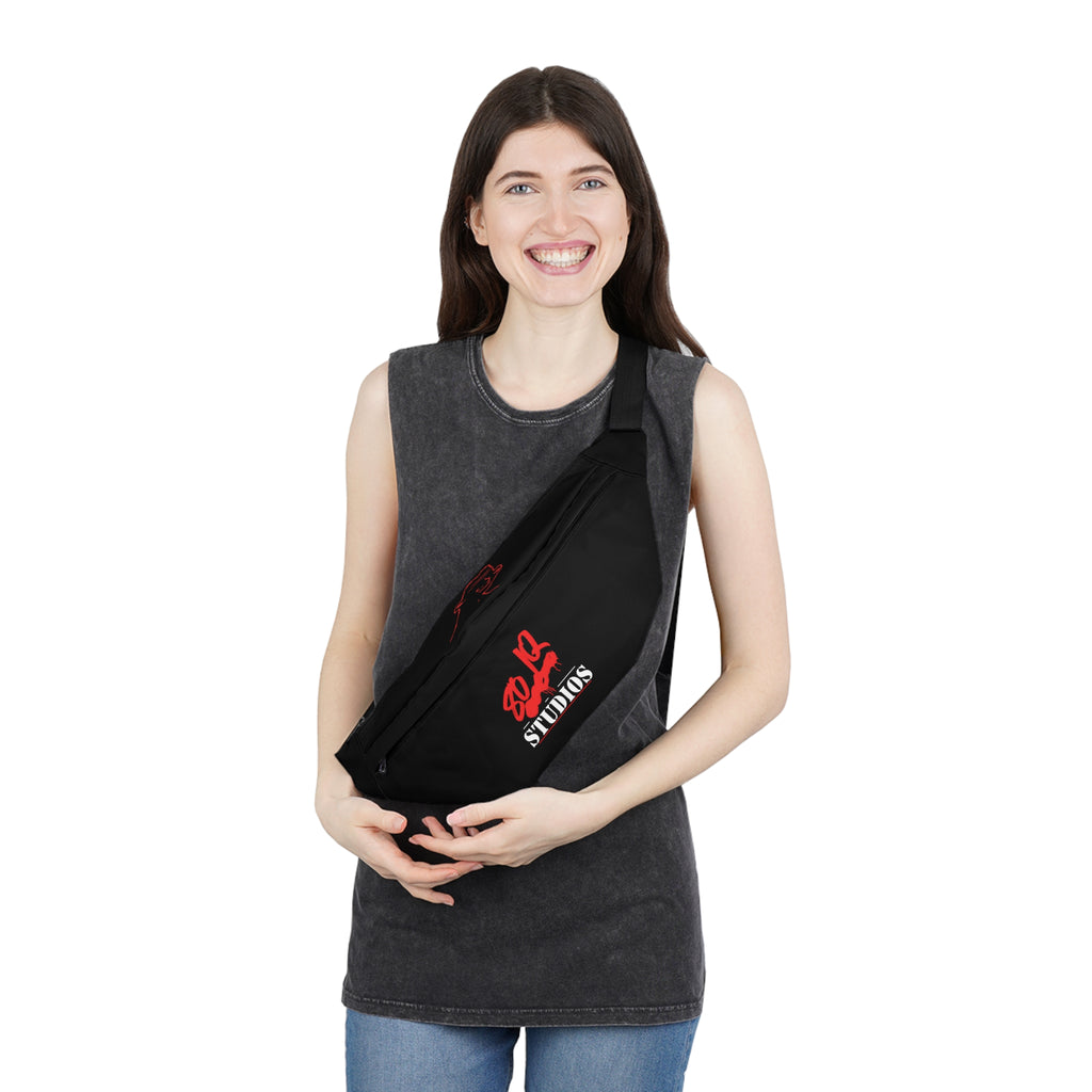 80-IQ Studios Logo Fanny Pack — Black Waist Bag with Red Line Art